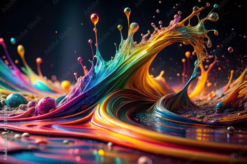 Poster multicolored metallic dye spills on black background creating a dynamic urban exploration scene of f