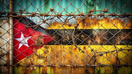 Mozambique Flag Displayed Against Barbed Wire and Metal Fence in Urban Environment Highlighting Themes of Resilience and Struggle for Freedom in Mozambique's Landscape