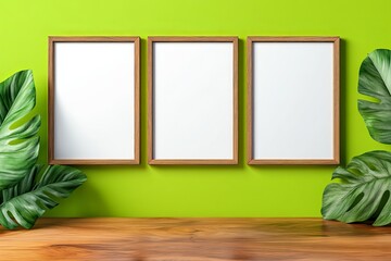 Three empty frames with wooden borders on a vibrant green wall, surrounded by lush green leaves, creating a fresh and modern interior decoration. trending mockup design