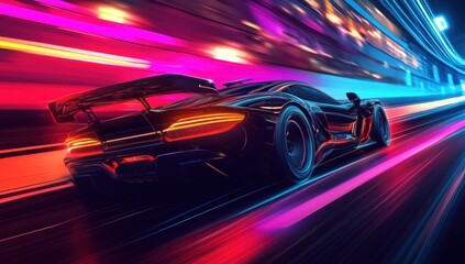 Naklejka premium Black Sports Car Racing Through Neon City