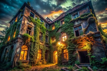 Fototapeta premium Mysterious Abandoned Building Surrounded by Overgrown Vines in an Eerie Urban Setting at Dusk