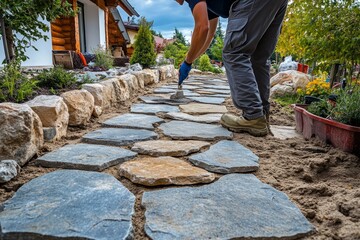 Construction worker building a garden path using large irregular natural stone tiles