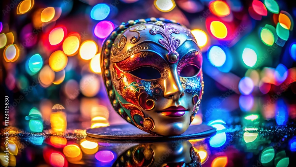 Poster mysterious low light photography of a plastic mask surrounded by shadows and reflections, creating a