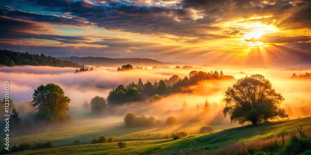 Poster mysterious solemn hazy fog patterns illuminated by a beam of light, evoking enigma and tranquility i