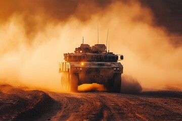 Fototapeta premium Armored car driving on dirt road in the desert, creating a cloud of dust