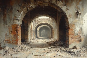 Fototapeta premium Abandoned brick arches in a dilapidated structure, evoking a sense of decay and history.