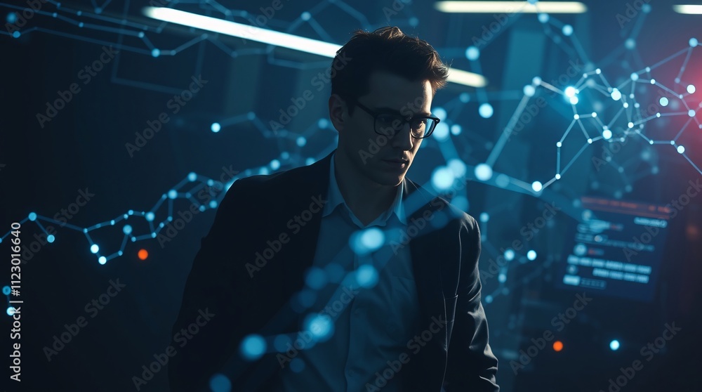 Poster data driven decisions: a focused and determined businessman navigates a digital landscape of data, h
