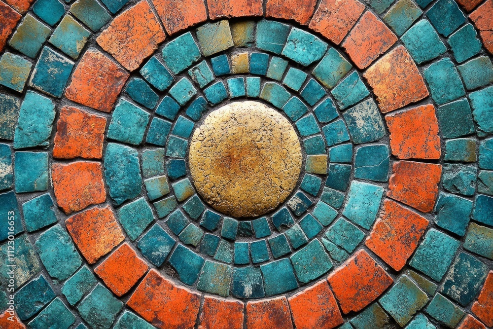 Poster intricate mosaic pattern featuring concentric circles of colorful tiles in orange and turquoise hues