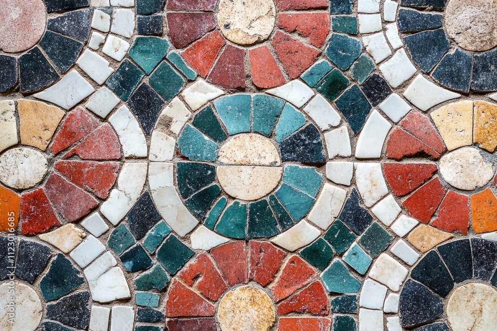 Poster intricate mosaic floor showcasing colorful circular patterns, forming a visually appealing and decor