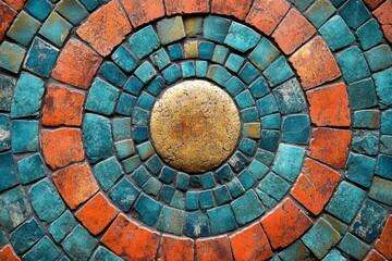 Fototapeta premium Intricate mosaic pattern featuring concentric circles of colorful tiles in orange and turquoise hues, surrounding a golden central element