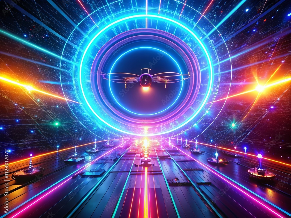 Poster neon futuristic laser circle spine intro with dynamic visuals for 4k drone photography, capturing vi