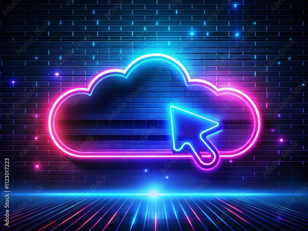 Poster neon-lit cloud with cursor symbolizing cloud computing and data storage in a modern and stylish desi