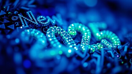 New Year's Eve 2025:  A shimmering, abstract close-up of the numbers "2025" crafted from sparkling, iridescent beads, set against a backdrop of swirling, shimmering blue and green hues.