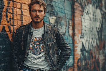 Obraz premium Fashionable young man leaning against a graffiti wall, wearing a leather jacket and graphic t-shirt