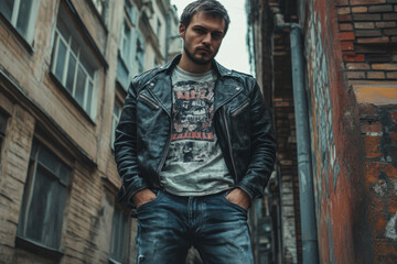 Fototapeta premium Stylish man posing near graffiti wall, showcasing urban fashion trends with leather jacket and jeans