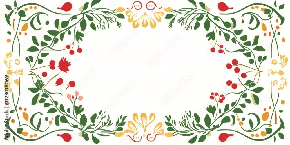 Poster rectangular frame composed of stylized leaves, flowers, and berries, offering a versatile space for 