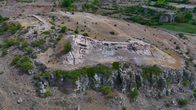 Celtiberian site of Castil de Griegos near Checa. Aerial view from drone. Molina Alto Tajo Geopark. Alto Tajo Natural Park. Guadalajara. Castilla la Mancha. Spain. Europe. Rewilding Europe