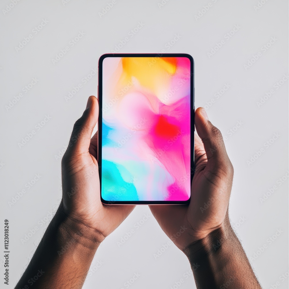 Aufkleber hands holding modern smartphone with colorful display indoor setting digital concept close-up view