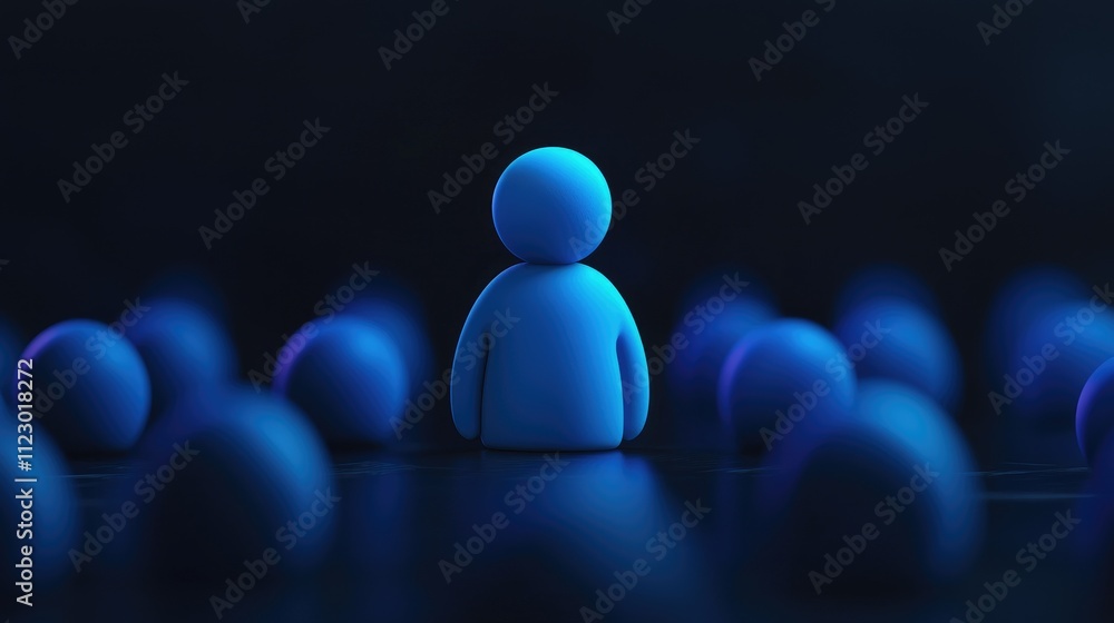 Poster gathering of blue figures abstract setting digital art dimly lit environment eye-level viewpoint uni