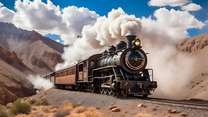 A majestic steam engine chugging through the rugged mountains of the American West, its iron wheels leaving a trail of dust in its wake.