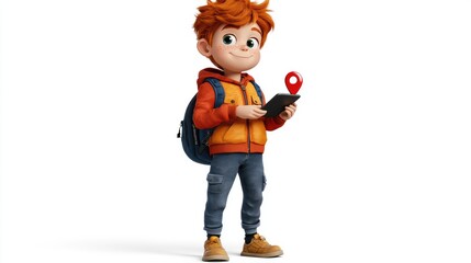 Young adventurer using gps device urban setting animated character playful environment front view exploration concept