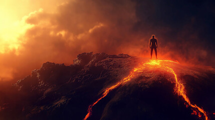 Conquering the Inferno: A lone figure stands defiantly atop a volcanic peak, lava flowing beneath, silhouetted against a fiery sunset.