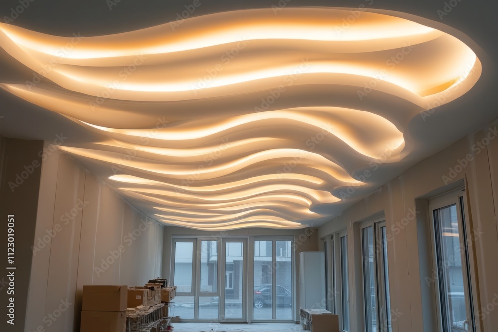 Poster warm lighting creating a wavy pattern on the ceiling of an empty room during renovation