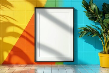 A blank picture frame stands against a vibrant multicolored wall adorned with bright yellow, orange, and blue hues, complemented by lush green foliage. trending mockup design