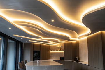 Warm lighting illuminates a contemporary kitchen with a marble island and wavy ceiling lights, creating a luxurious ambiance