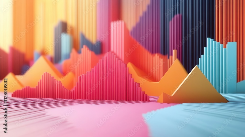 Poster a colorful 3d representation of sound waves, showcasing vibrant peaks and valleys in various shapes 