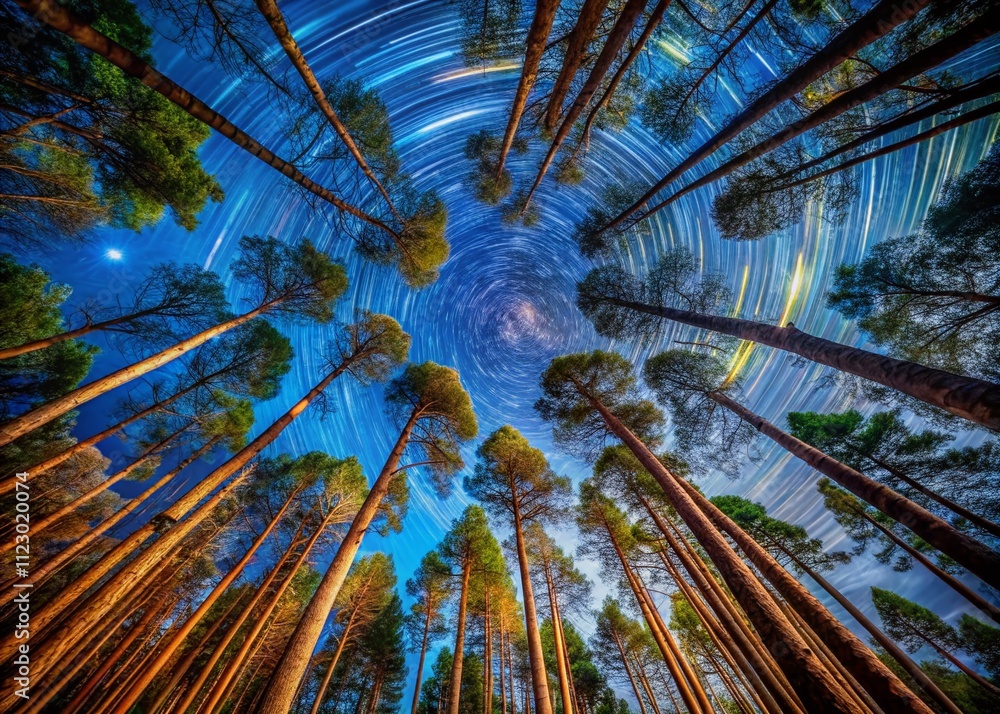 Poster night photography of a rotating camera capturing the majestic canopy of pine trees illuminated by st