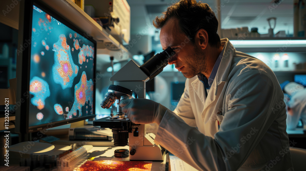 Poster bioengineer analyzing cellular samples with high-resolution microscope for research study