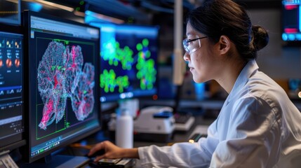 Bioengineer Analyzing Cellular Structures in High-Tech Lab for Advanced Research