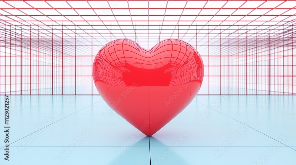 Poster a glossy red heart stands centered in a geometric, grid-like space, creating a vibrant, modern visua