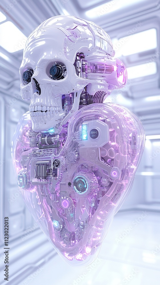 Poster a digital artwork featuring a translucent robotic skull with a heart shape, illuminated by colorful 