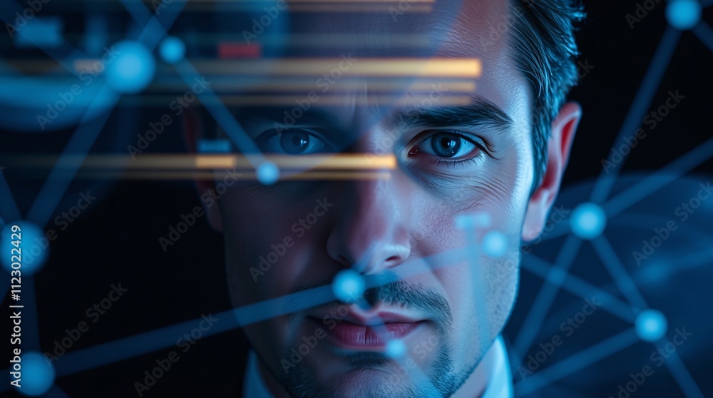 Poster the digital architect: a close-up portrait of a focused young man peering through a network of glowi