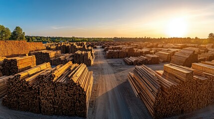 A panoramic view of a lumberyard with stacks of timber arranged in uniform rows under a clear sky.