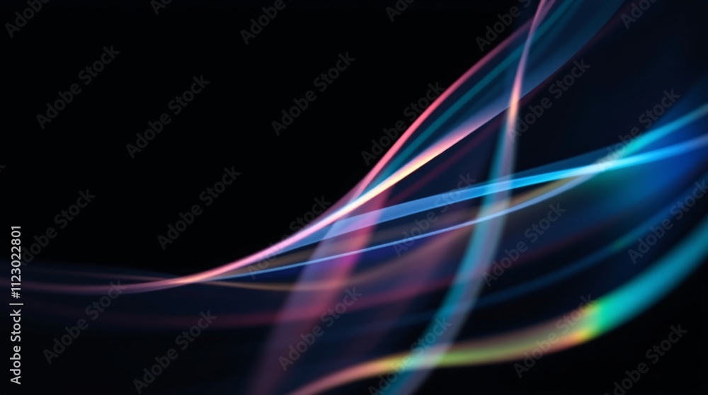 Poster abstract light trails: dynamic curves of iridescent light dance across a deep black background, crea