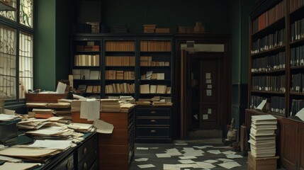 Obraz premium Paper documents stacked in archive. folders with documents on the shelves of archive room. Office shelves in the closet full of files