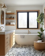 mid-century modern bathroom with a freestanding tub, minimalist wooden vanity, black and white geometric tiles, natural wood shelves, brass faucets