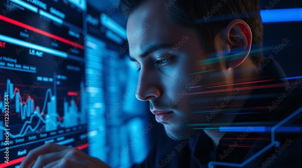 Poster data driven decision: a young professional analyzes complex data on a futuristic digital screen. his