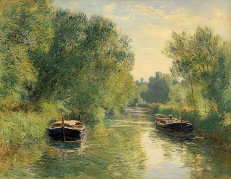 Serene River Scene with People Boating