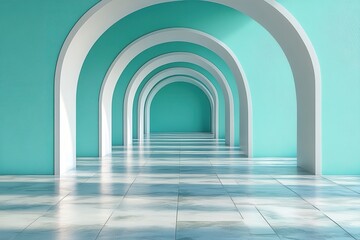 Obraz premium A serene corridor featuring arched doorways and a reflective floor in tranquil turquoise hues.