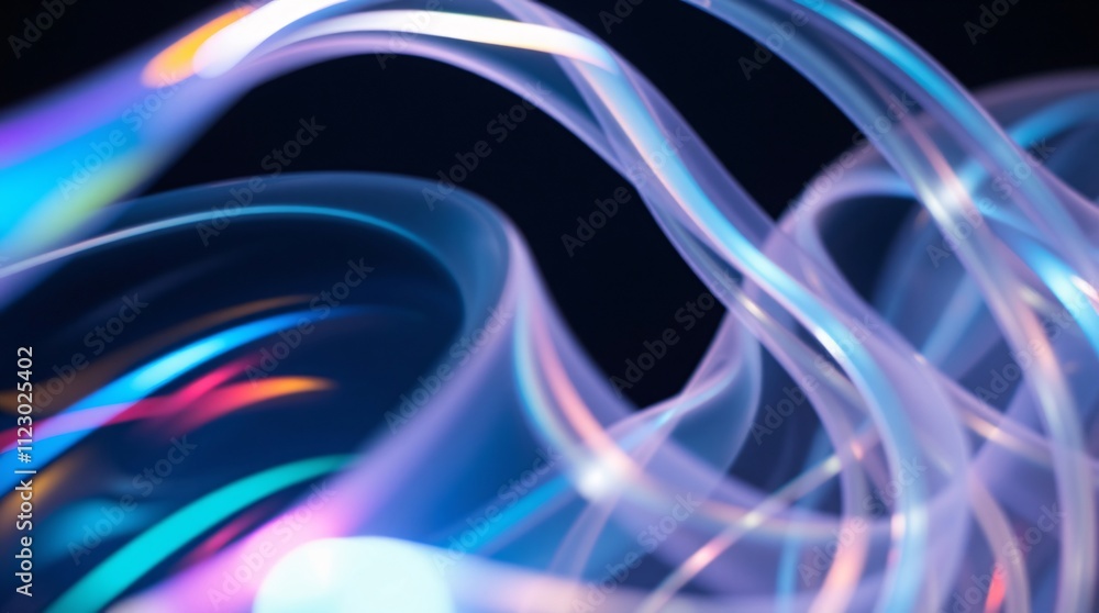 Poster iridescent light trails: abstract swirls of vibrant, iridescent light dance across a dark background