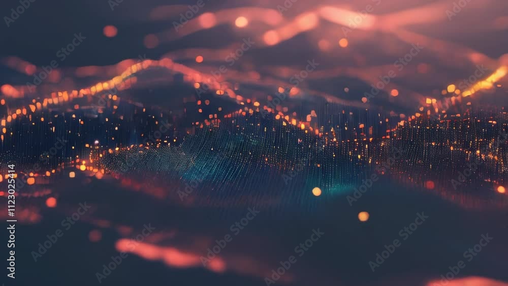 Poster a dark digital grid illuminated by glowing red and orange particles, creating a sci-fi inspired abst
