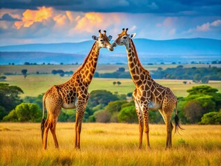 Obraz premium Pair of Majestic Masai Giraffes with Intertwined Necks in the Wild - Captivating Wildlife Photography from Maasai Mara National Reserve, Kenya, Africa