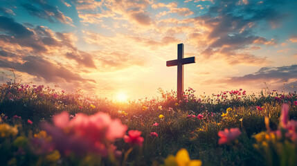 An Easter-themed image featuring a cross on a meadow at sunrise in autumn.