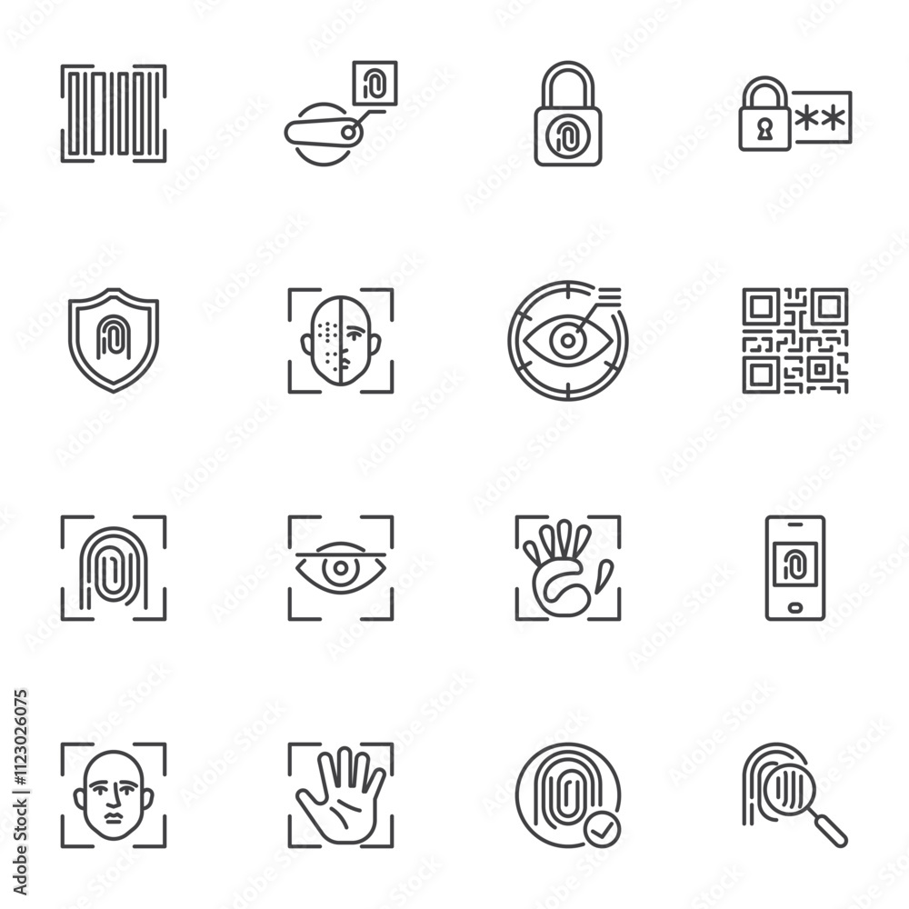 Poster digital authentication, verification line icons set