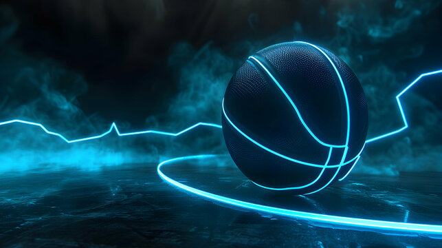 black basketball with glowing neon blue futuristic design

