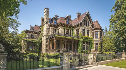 Naklejka premium An old Victorian mansion with a large veranda, ivy-covered walls, and an intricate wrought-iron fence surrounding the property.